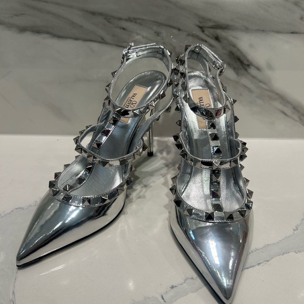 Valentino Silver Metallic Rockstud Pointed Slingback Heels